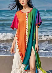 Colorblock Patchwork Linen Long Dress Side Open Summer