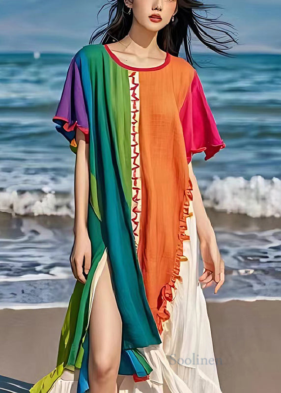 Colorblock Patchwork Linen Long Dress Side Open Summer