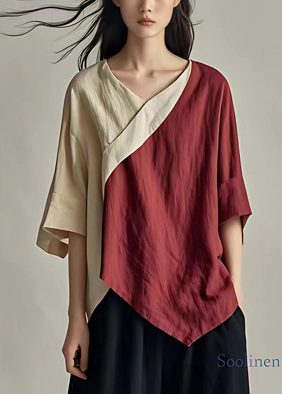 Colorblock Patchwork Linen Shirt V Neck Asymmetrical Summer