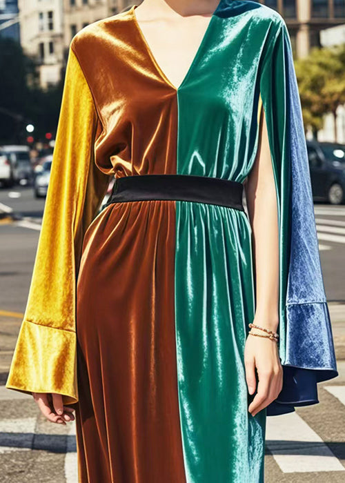 Colorblock Patchwork Silk Velvet Cinched Dresses Side Open Spring