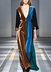 Colorblock Patchwork Silk Velvet Long Dress Deep-V Neck Spring