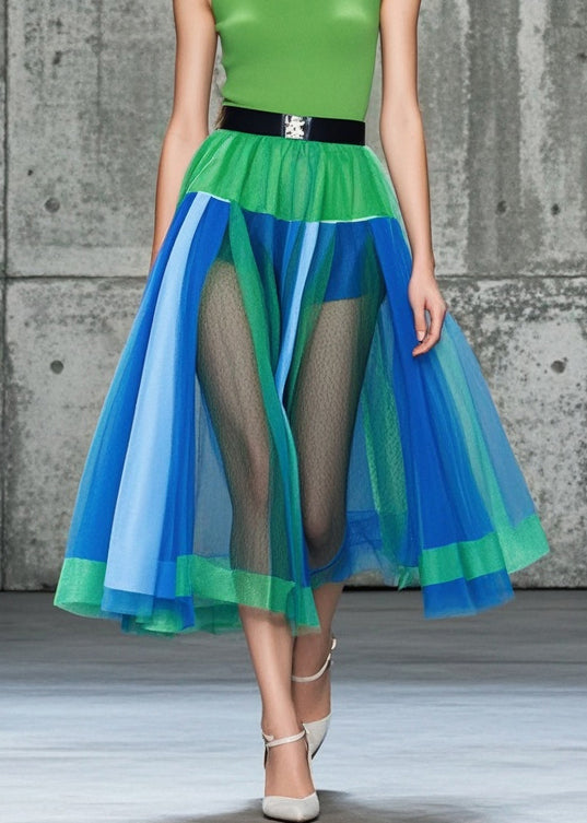 Colorblock Patchwork Tulle Skirt Hollow Out Summer