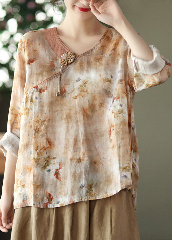 Fine Khaki Floral Linen Blouse Tops Summer