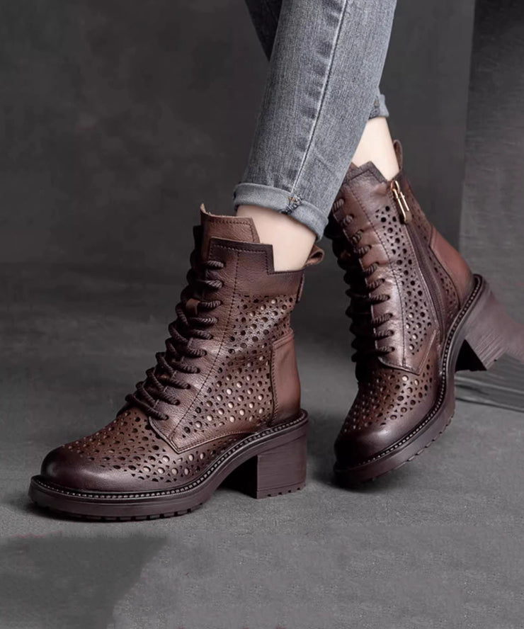 Comfortable Dark Brown Lace Up Hollow Out Zipper Chunky Boots