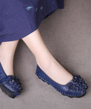 Comfortable Floral Splicing Flat Shoes Blue Cowhide Leather