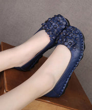 Comfortable Floral Splicing Flat Shoes Blue Cowhide Leather