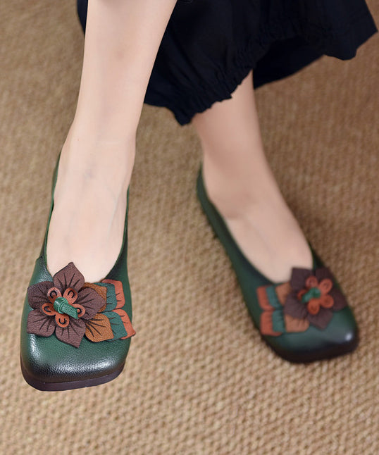 Comfortable Green Cowhide Leather Floral Splicing Flat Shoes