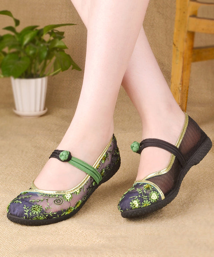 Comfortable Splicing Flat Sandals Green Breathable Mesh Embroidery