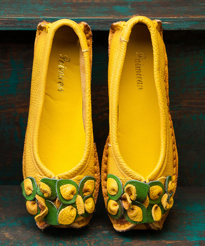 Comfortable Yellow Platform Cowhide Leather Splicing Flat Shoes