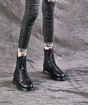 Comfy Black Cowhide Leather Boots Warm Fleece Lace Up Boots