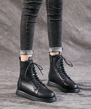 Comfy Black Cowhide Leather Boots Warm Fleece Lace Up Boots