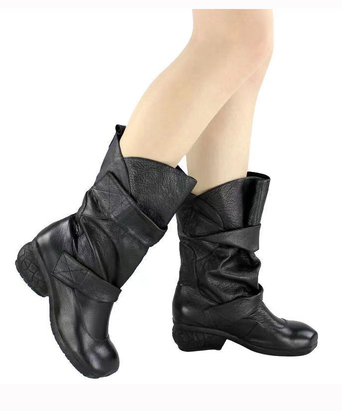 Comfy Cowhide Leather Boots Black Splicing Buckle Strap