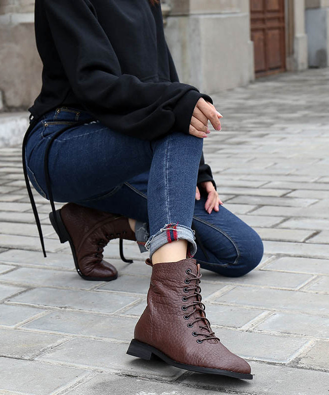 Comfy Cowhide Leather Coffee Cross Strap Fuzzy Wool Lined Boots