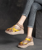 Comfy Hollow Out Splicing Platform Sandals Yellow Cowhide Leather