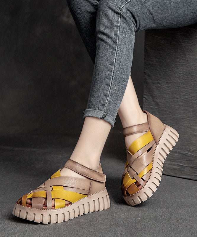 Comfy Hollow Out Splicing Platform Sandals Yellow Cowhide Leather