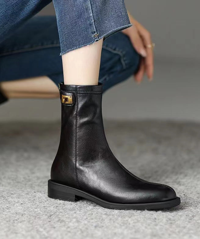 Comfy Splicing Chunky Boots Black Cowhide Leather