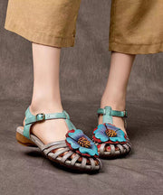 Comfy Splicing Wedge Sandals Grey Cowhide Leather Floral Hollow Out