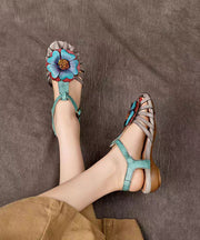 Comfy Splicing Wedge Sandals Grey Cowhide Leather Floral Hollow Out