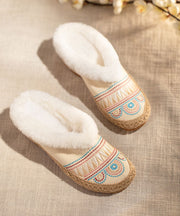 Comfy Splicing Women Beige Fuzzy Wool Lined Slippers Shoes