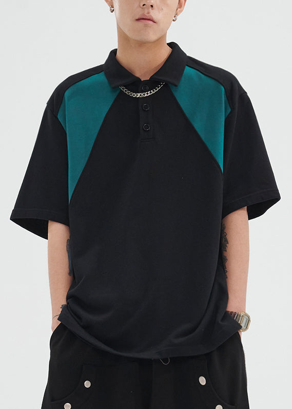 Cool Black Button Print Cotton Men Polo Shirts Short Sleeve