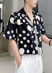 Cool Black Notched Print Button Cotton Mens Shirts Summer