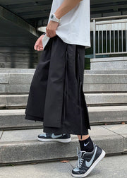 Cool Black Pockets Lace Up Solid Cotton Summer Men Wide Leg Pants