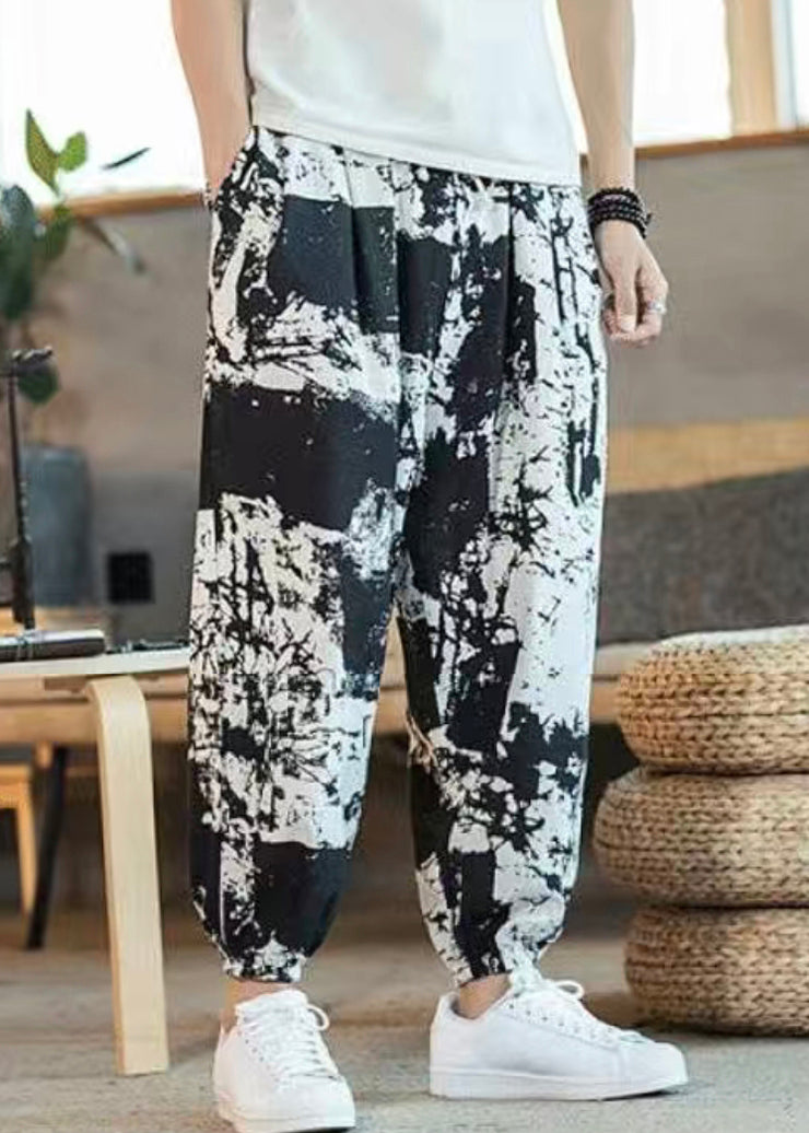 Cool Black Print Pockets Elastic Waist Cotton Men Crop Pants Summer