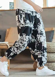 Cool Black Print Pockets Elastic Waist Cotton Men Crop Pants Summer