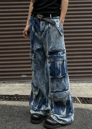 Cool Blue Button Pockets High Waist Denim Men Pants Summer