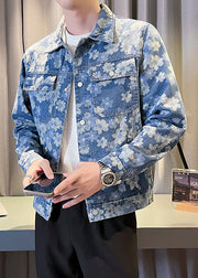 Cool Blue Button Print Pockets Denim Men Coat Fall