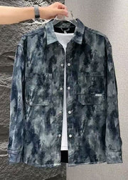 Cool Blue Tie Dye Button Pockets Men Coat Fall