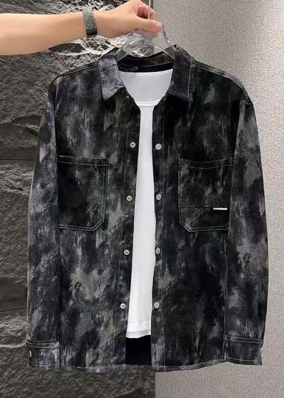 Cool Blue Tie Dye Button Pockets Men Coat Fall