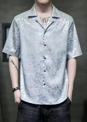 Cool Grey Peter Pan Collar Jacquard Silk Men Shirts Summer