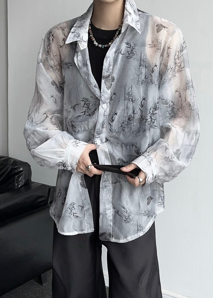 Cool Grey Print Button Cotton Mens Shirts Long Sleeve