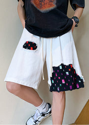 Cool White Pockets Patchwork Denim Men Shorts Summer