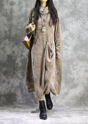 Corduroy Long Sleeve Turtleneck Causal Baggy Maxi Dress Khaki