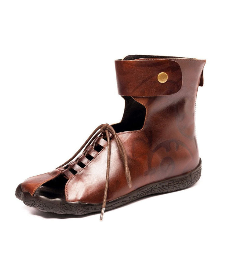 Cowhide Leather Brown Boots Hollow Out Lace Up Splicing