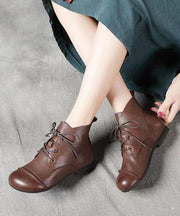 Cowhide Leather Coffee Lace Up Splicing Ankle Boots