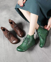 Cowhide Leather Coffee Lace Up Splicing Ankle Boots