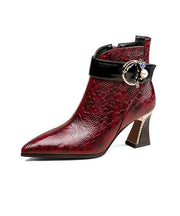 Cowhide Leather Embossed Wine Red Boots Splicing Zircon Zippered