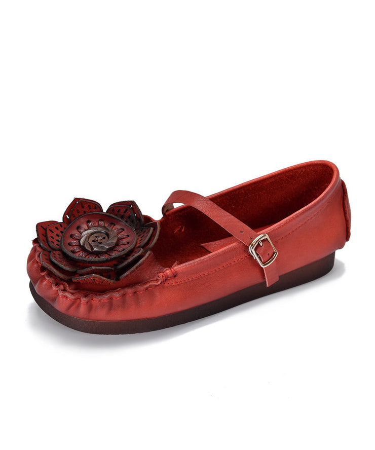 Cowhide Leather Flat Shoes For Women Red Splicing Floral Buckle Strap