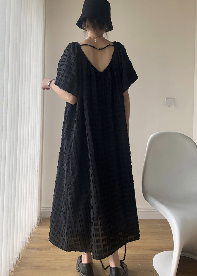 Cozy Black V Neck Patchwork Cotton Long Dresses Puff Sleeve