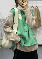 Cozy Green O Neck Button Animal Cotton Knit Waistcoat Sleeveless