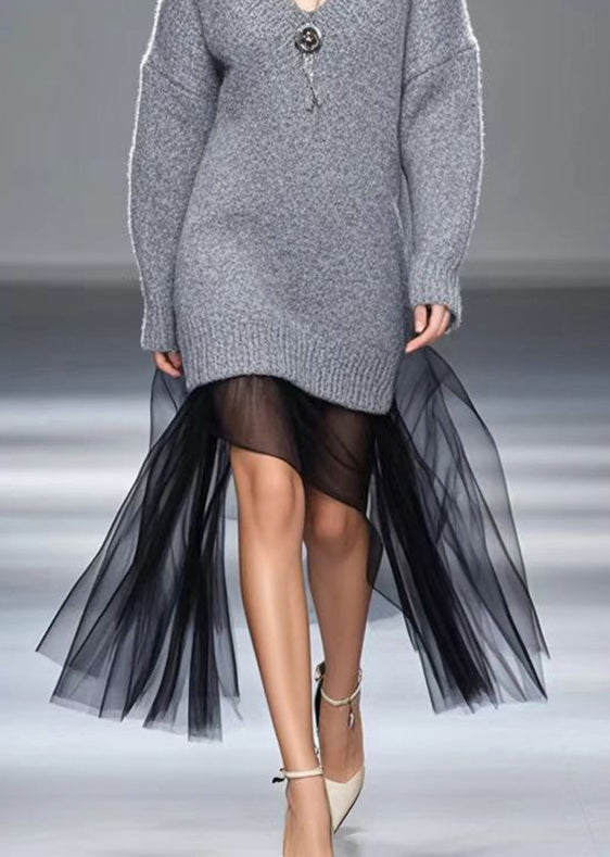 Cozy Grey Patchwork Tulle Thick Knitwear Dress Winter