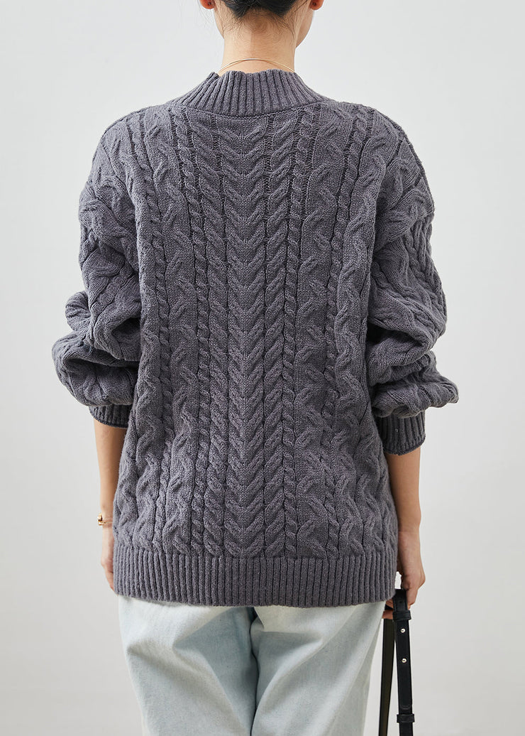 Cozy Grey V Neck Thick Cable Knit Sweater Tops Winter