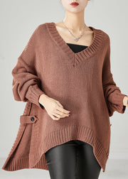 Cozy Khaki Oversized Side Open Knit Tops Spring