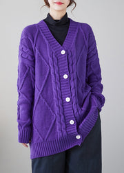 Cozy Purple V Neck Button Thick Knit Cardigan Fall