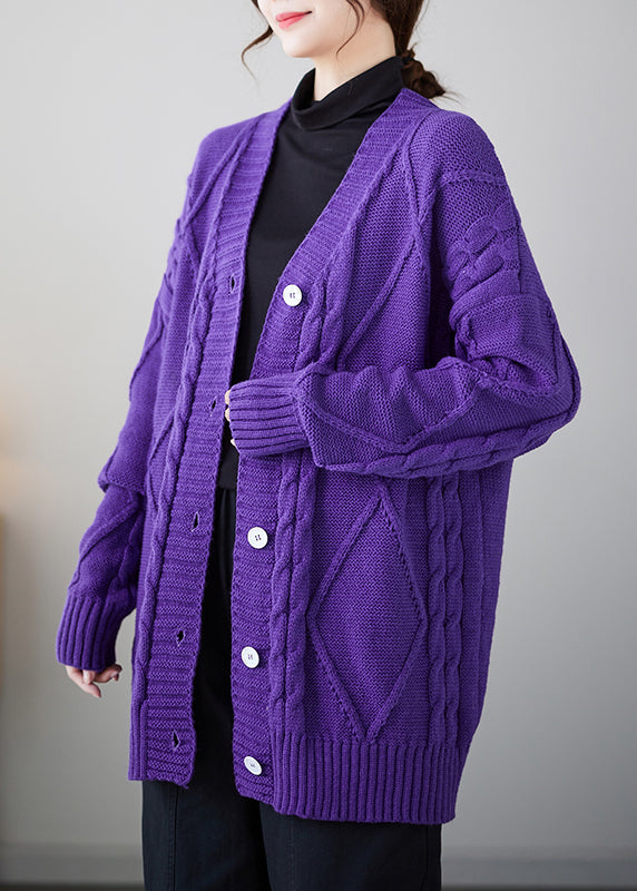 Cozy Purple V Neck Button Thick Knit Cardigan Fall