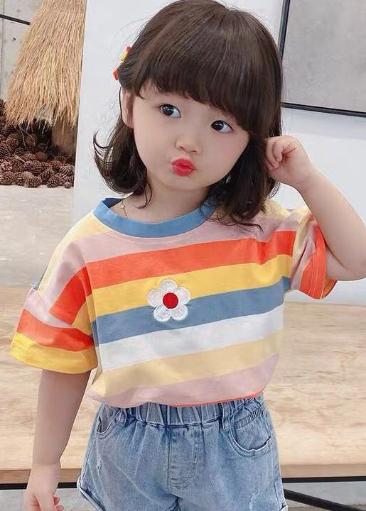 Cozy Rainbow Striped O Neck Cotton Girls T Shirt Summer