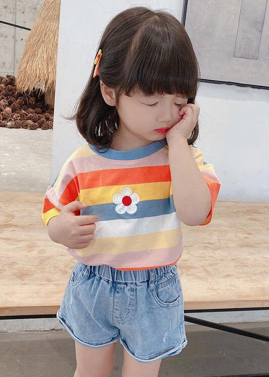 Cozy Rainbow Striped O Neck Cotton Girls T Shirt Summer